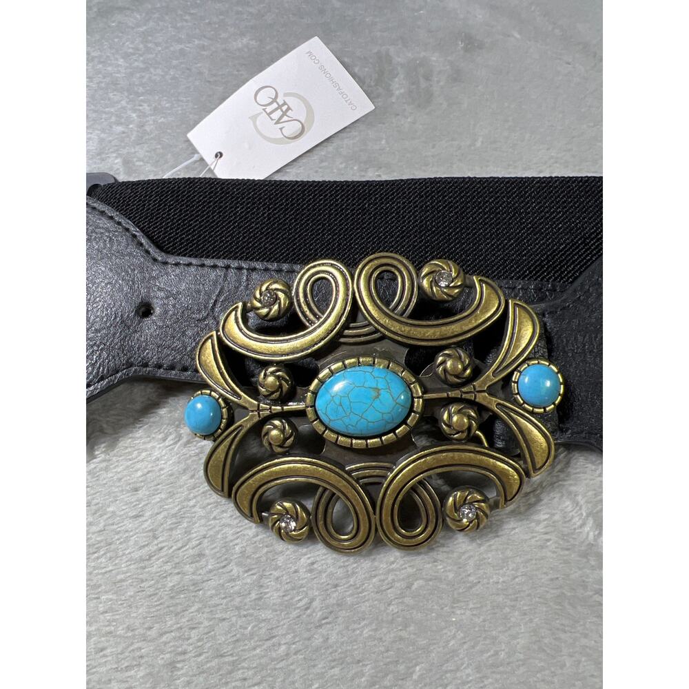 NWT Black Stretch Waist Clincher Belt Turquoise Western Boho 1X - Picture 2 of 5